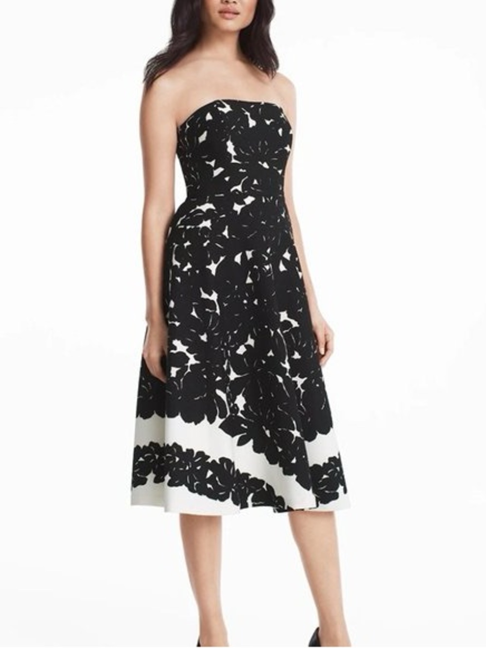 White House Black Market Strapless Black White Floral Fit & Flare Midi Dress 10